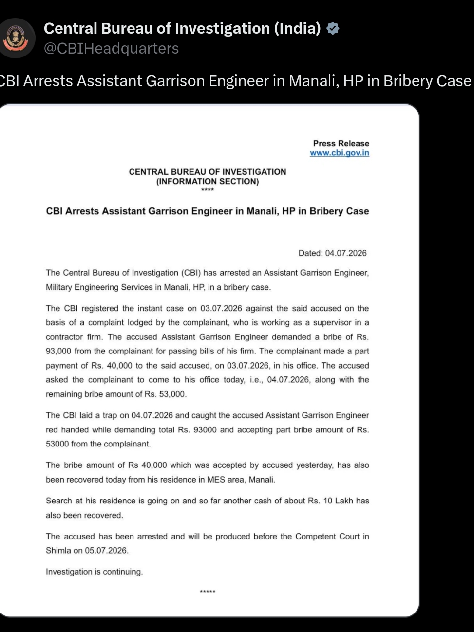 मनाली में MES के असिस्टेंट गैरीसन इंजीनियर को CBI ने रिश्वत लेते रंगे हाथों दबोचा, घर से 10 लाख रुपये नकद भी बरामद
